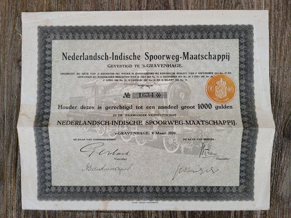 Nederlandsch-Indische Spoorweg-Maatschappij groot 1000 gld, Ophalen of Verzenden, 1920 tot 1950, Aandeel
