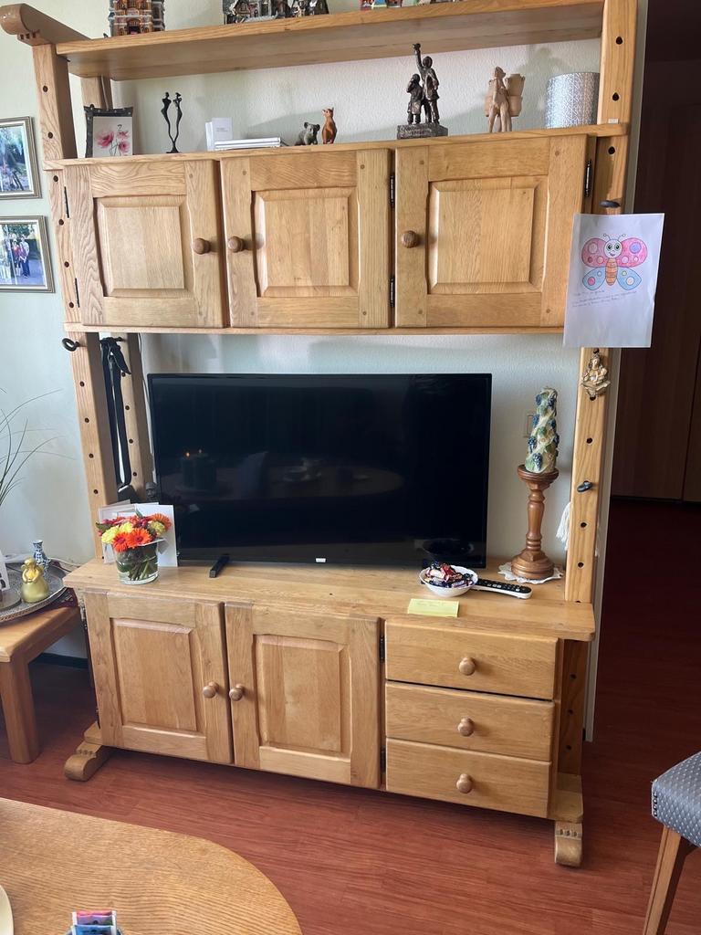 Massief eikenhouten wandmeubel  en tafel, Gebruikt, 100 tot 150 cm, 200 cm of meer, Eikenhout