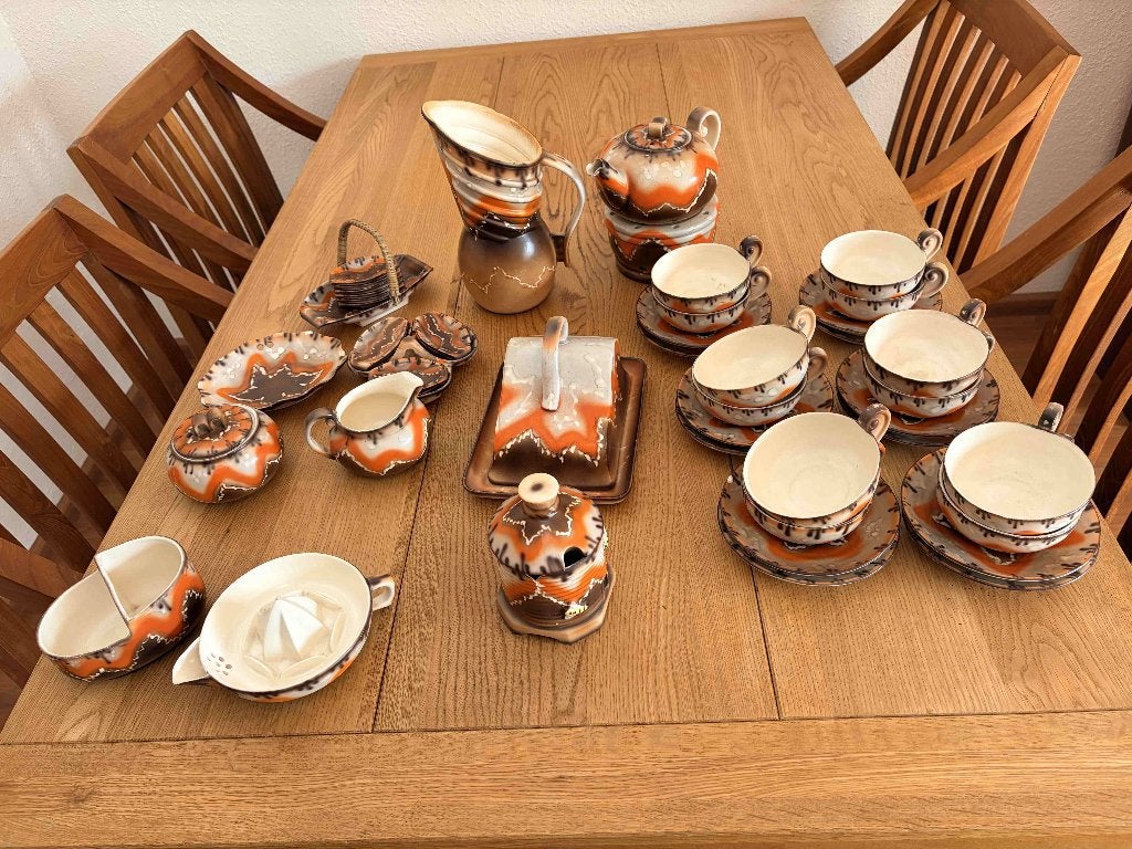 52-delig Art-Deco servies oranje/bruin/wit uit ca 1920, Ophalen