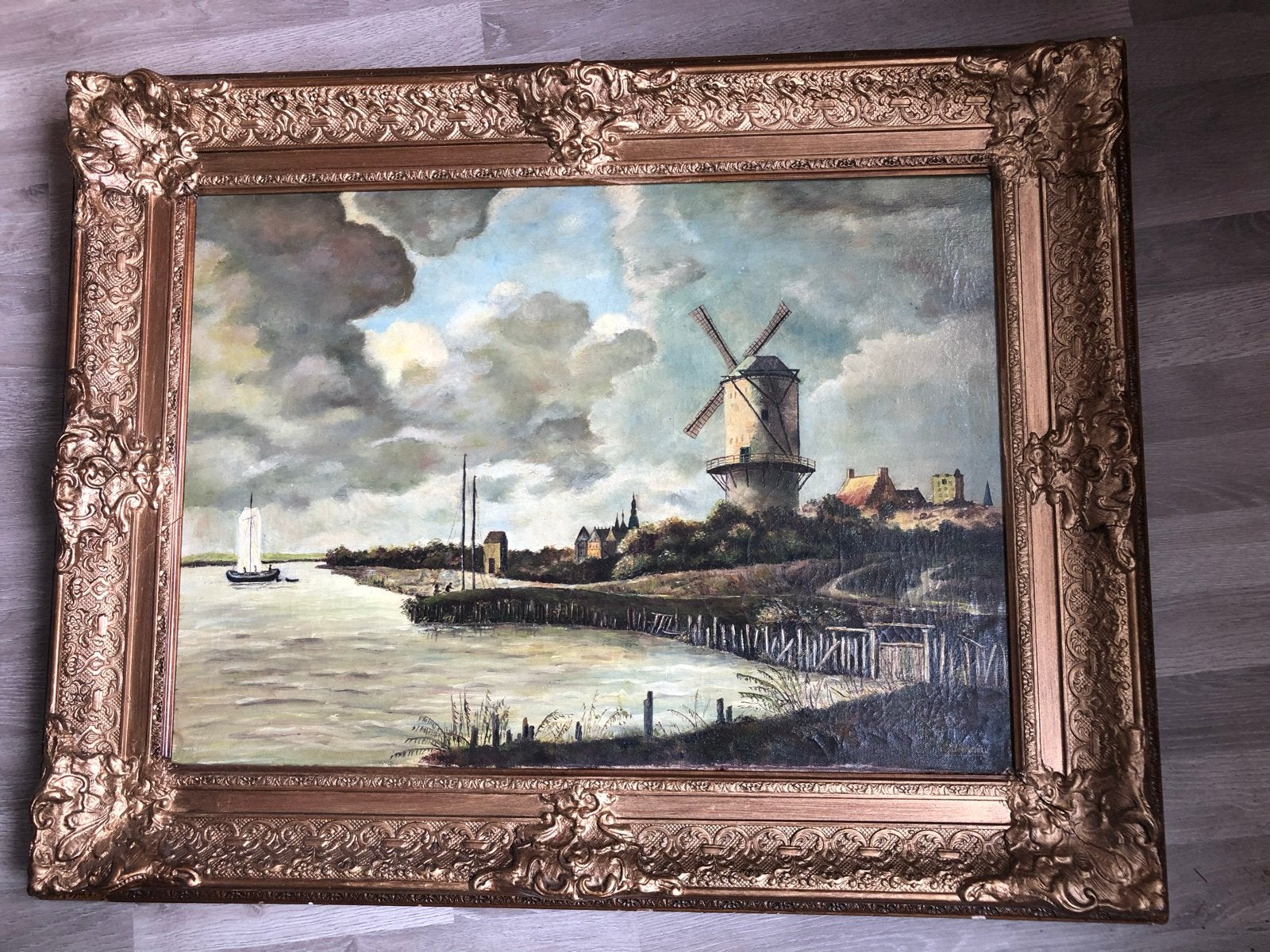 Molenlandschap aan rivier - H. Gehmaird - Olieverf op linnen, Ophalen of Verzenden