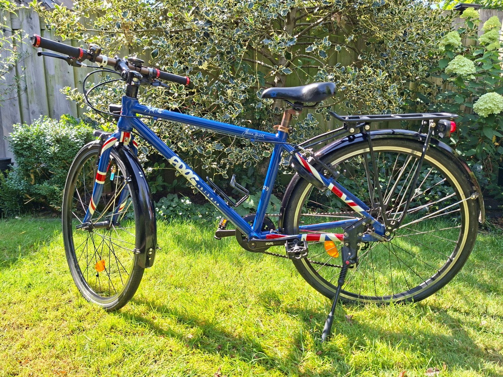 Frog 73 Kinderfiets - Blauw met Union Jack details, Velgrem, Versnellingen, Zo goed als nieuw, 53 tot 57 cm