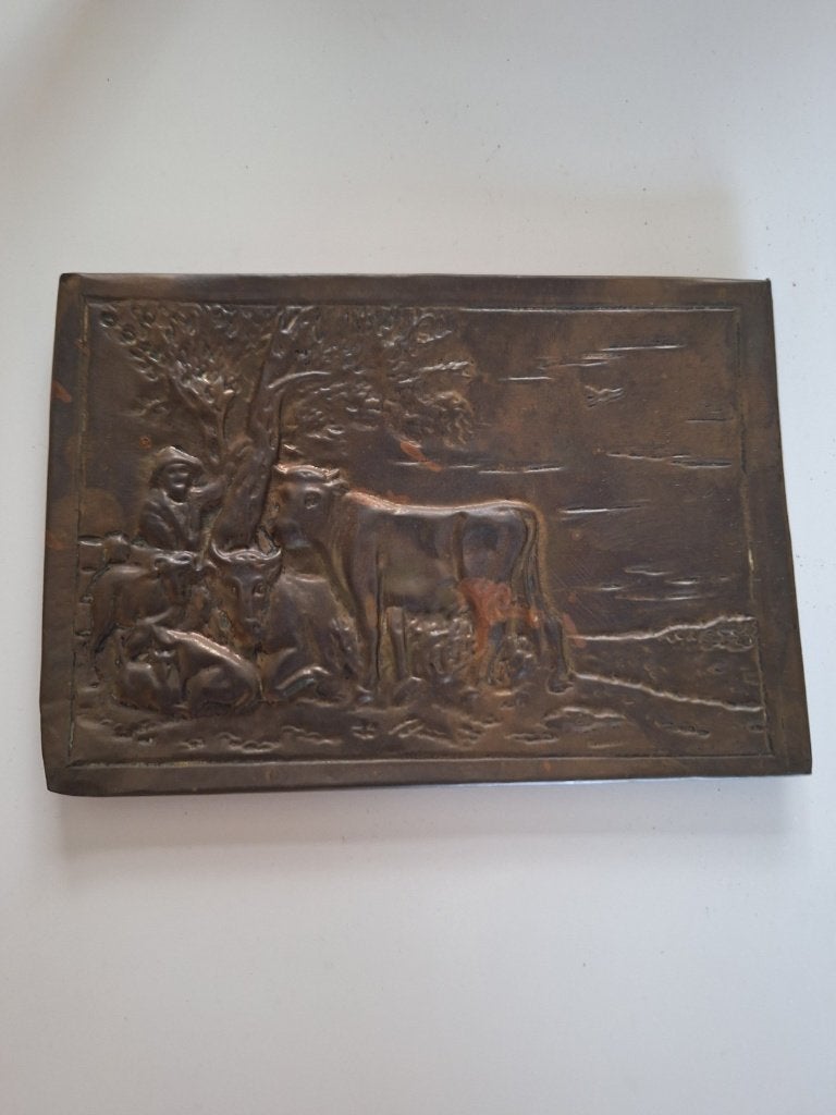 Koperen Wandbordje met Landelijk Tafereel - 17 x 11 cm, Antiek en Kunst, Ophalen, Koper