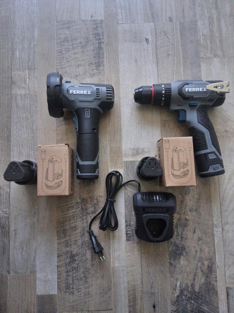 Ferrex 12v accuboormachine + accu haakseslijper brushless, Ophalen, Nieuw, Boor- en Schroefmachine