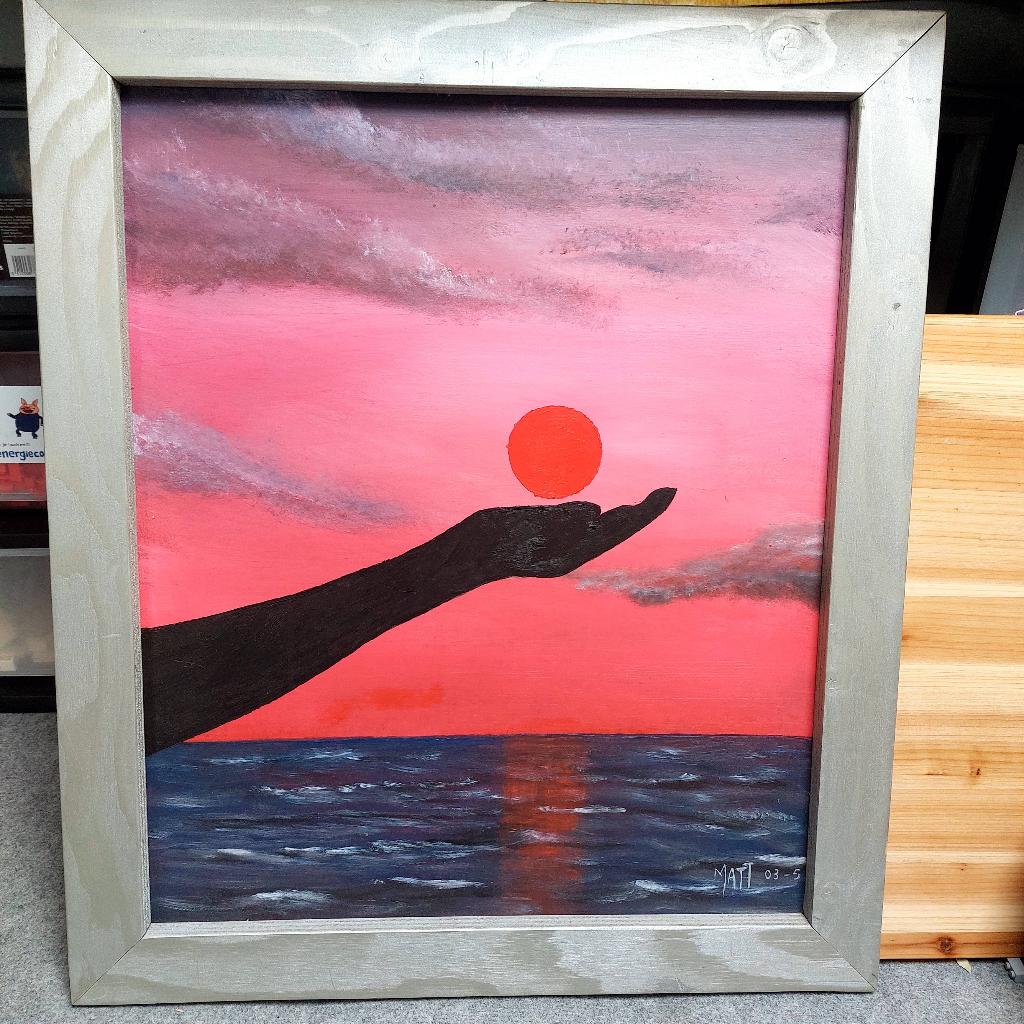 Schilderij onder gaande zon op hand, Ophalen of Verzenden