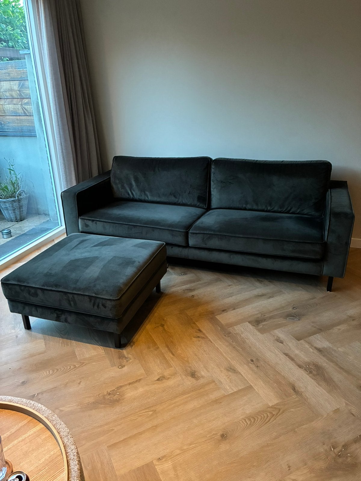 STIJLVOLLE WOOOD BANK (230cm) + HOCKER - Donkergroen Velours, Ophalen, Zo goed als nieuw, Stof