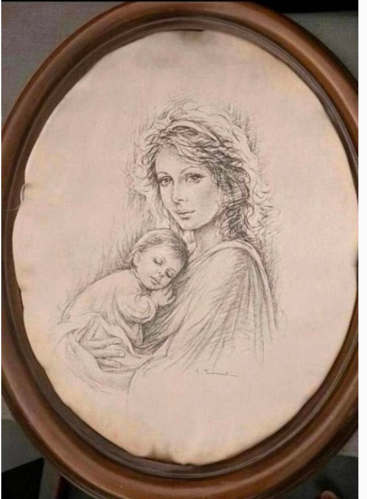 Maria en haar zoon ,mooi gesigneerd schilderijtje op stof .., Ophalen of Verzenden