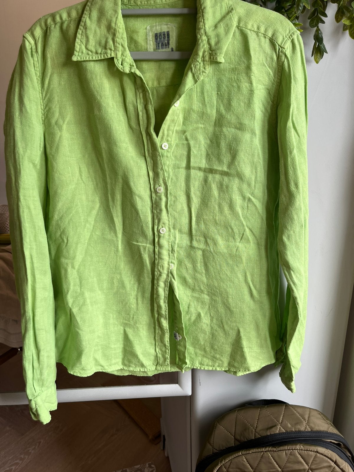 0039 italy linnen blous appeltjesgroen L, Kleding | Dames, Ophalen of Verzenden, Zo goed als nieuw, Groen