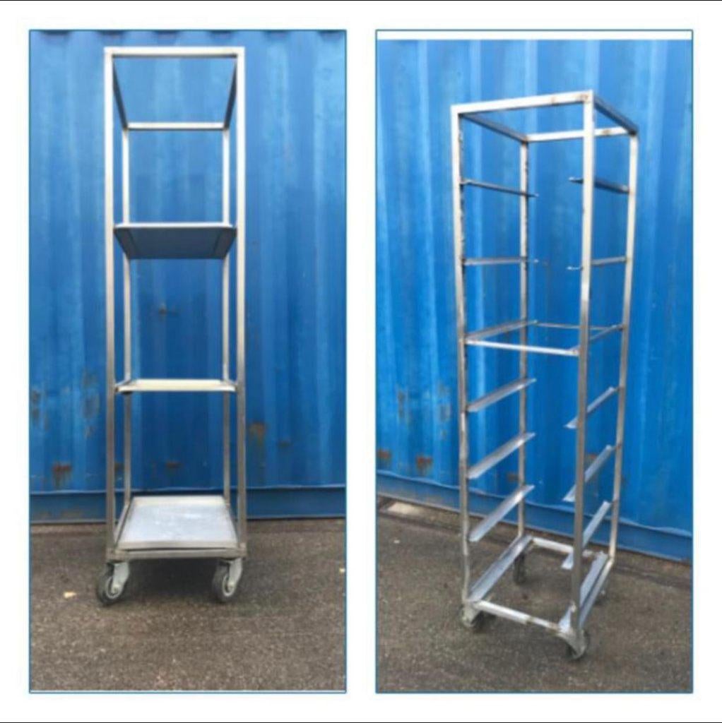 2 rvs mobiele dienbladwagens / Regaalwagen voor GN platen, Ophalen of Verzenden, Gebruikt