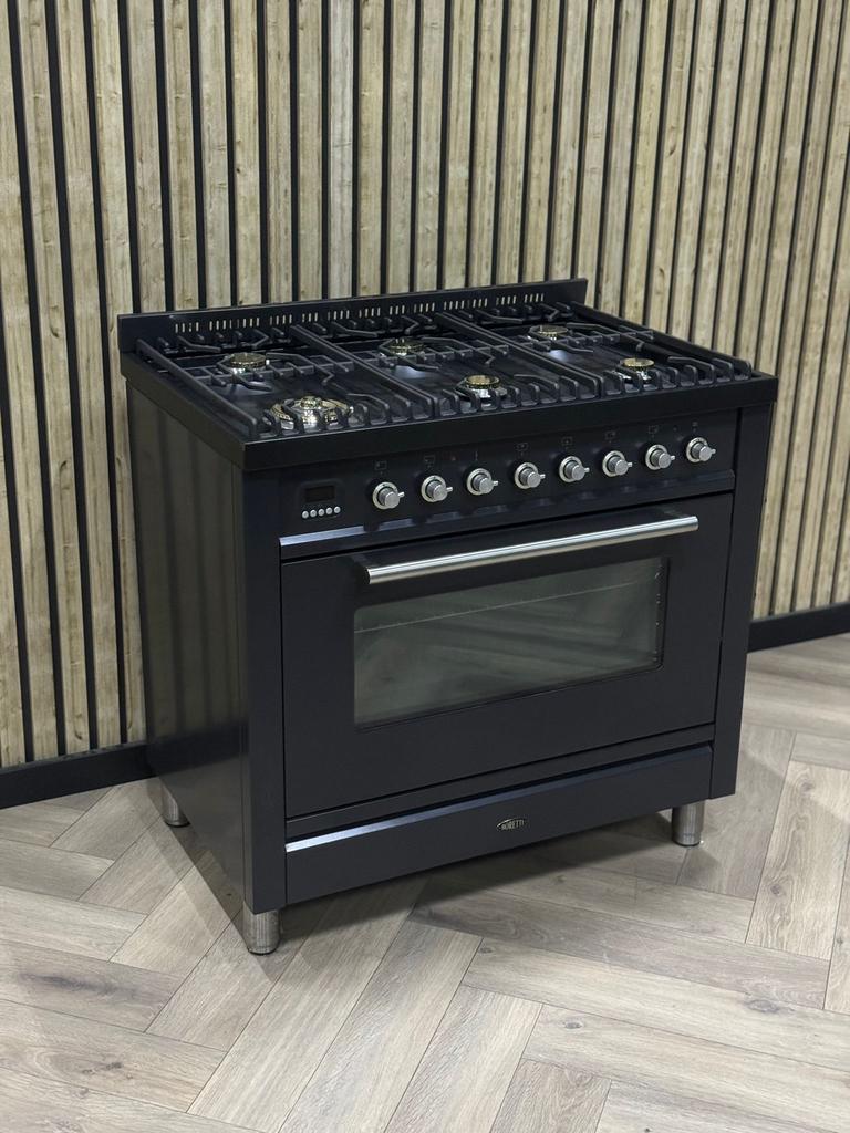 Boretti Zwart 90cm Gas 6 pits + Multifunctionele Oven, 60 cm of meer, Grill, Ophalen of Verzenden, Zo goed als nieuw