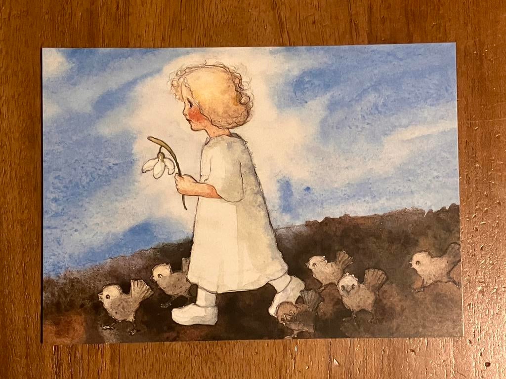 Mili Weber - Towards Spring. Meisje met sneeuwklokje, Ophalen of Verzenden, 1980 tot heden, Ongelopen, Kinderen