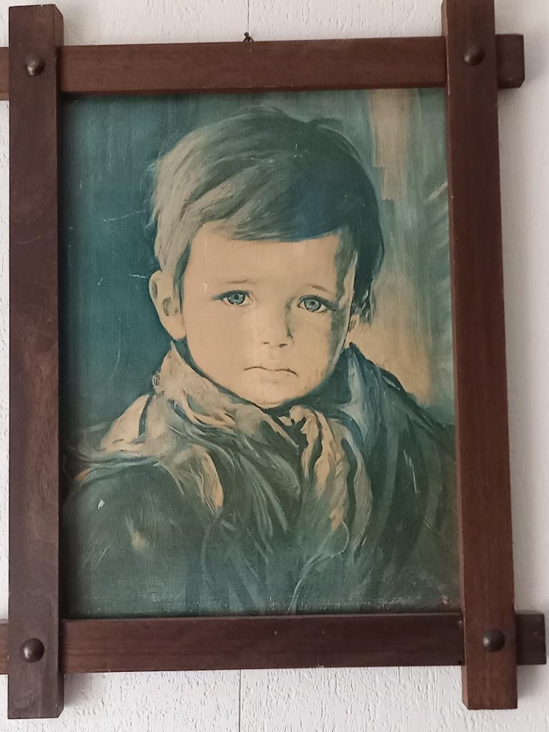 Klassiek repro schilderij van "De huilende jongen", Minder dan 50 cm, 50 tot 75 cm, Ophalen of Verzenden, Zo goed als nieuw