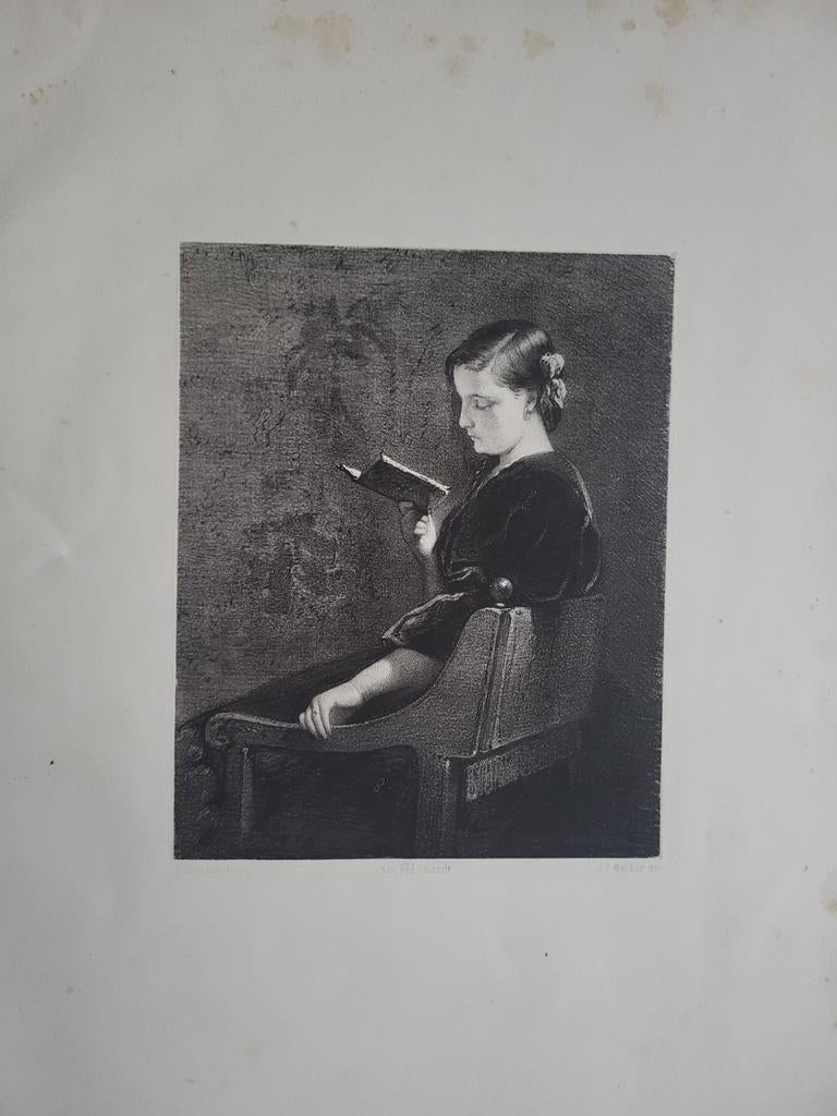 Litho Lezende Dame J.J. Mesker naar C. Bisschop 1873, Antiek en Kunst, Kunst | Etsen en Gravures, Ophalen of Verzenden