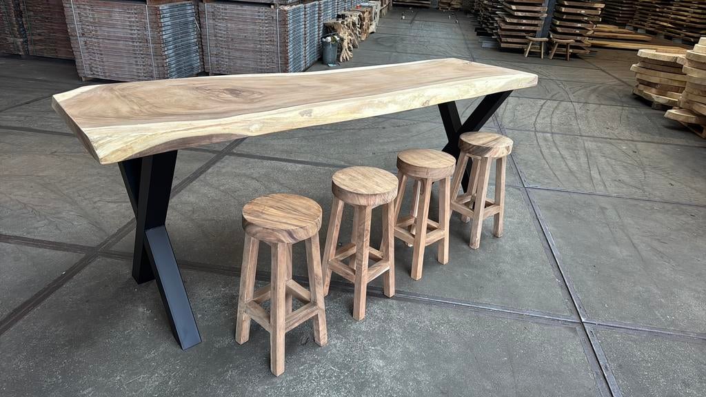 Boomstam bartafel / staantafel  Suar 300cm  en 8  barkrukken, Ophalen, 200 cm of meer, 50 tot 100 cm, Zo goed als nieuw