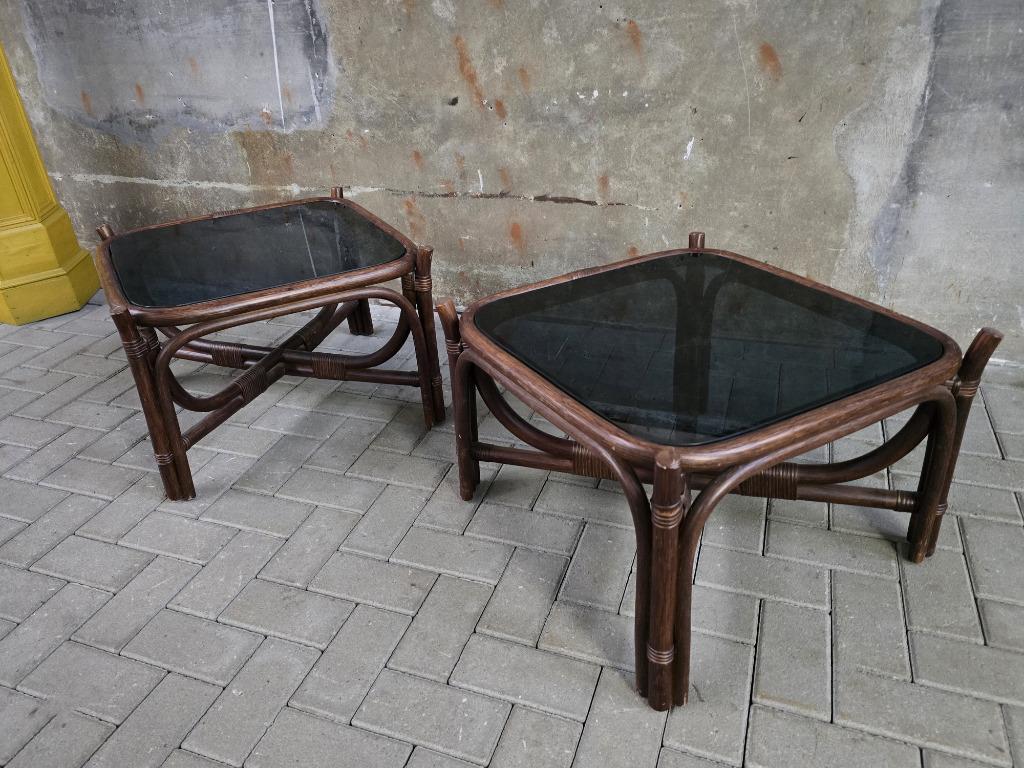 1 Bamboe Jaren 70 Design Salontafel Mid Century Koffie Tafel, Gebruikt, 50 tot 100 cm, Vierkant, Glas