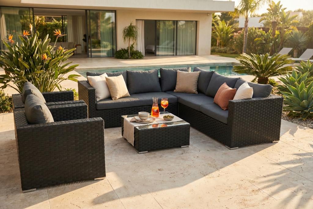 zwarte wicker loungeset / hoekbank + 2 stoel  SALE #57, Ophalen of Verzenden, Loungeset, Wicker, 7 zitplaatsen
