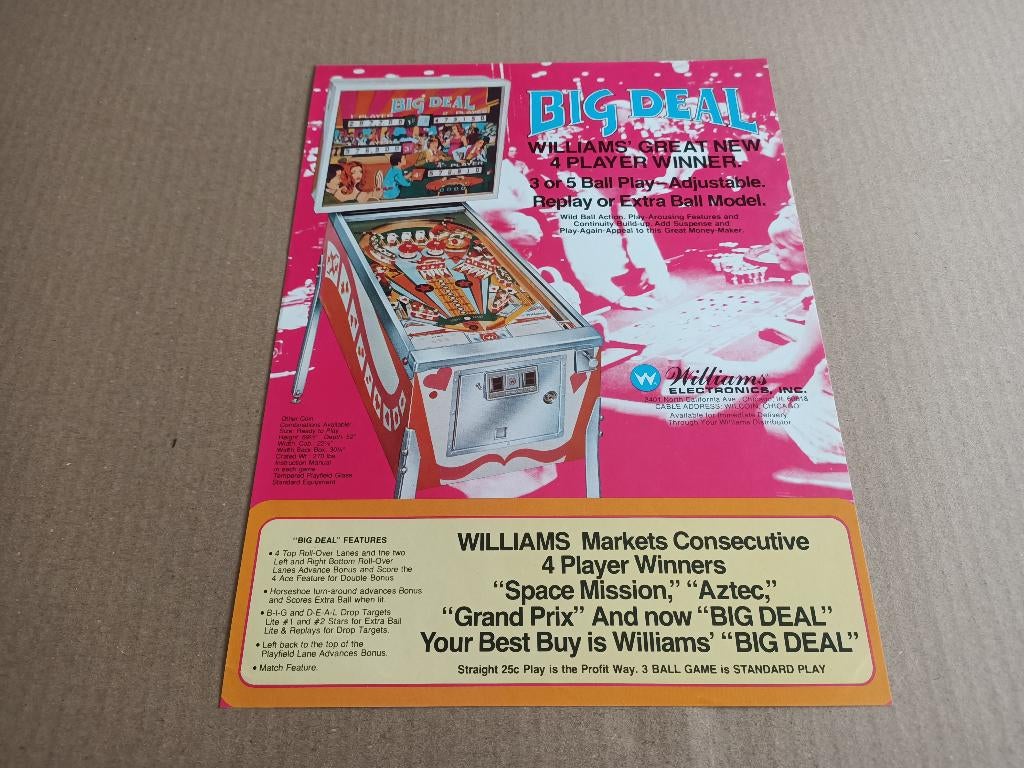 Flyer: Williams Big Deal (1977) Flipperkast, Gebruikt, Verzenden, Elektronisch, Williams
