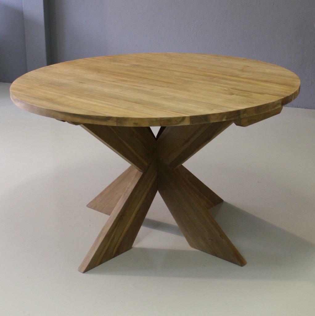 Robuuste ronde teak tafel met kruispoot ; Indoteak!, Ophalen, Tafel, Nieuw, Vijf personen of meer