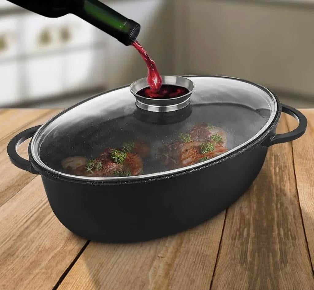 Ovale braadpan met braadslee, Ophalen, Inductieplaat, Aluminium, Zo goed als nieuw