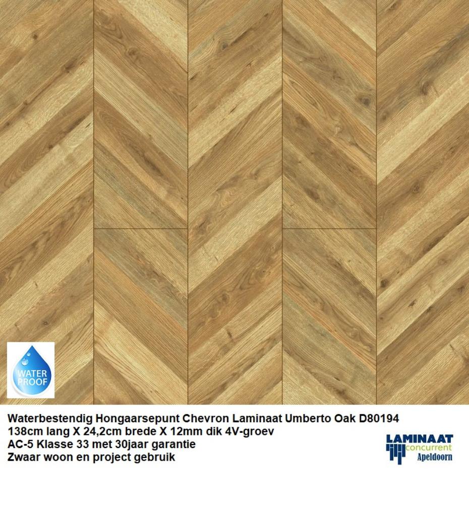 12mm dik Waterbestendig Hongaarsepunt laminaat Umberto Oak, Bruin, 75 m² of meer, Waterbestendig Hongaarsepunt laminaat 12mm dik