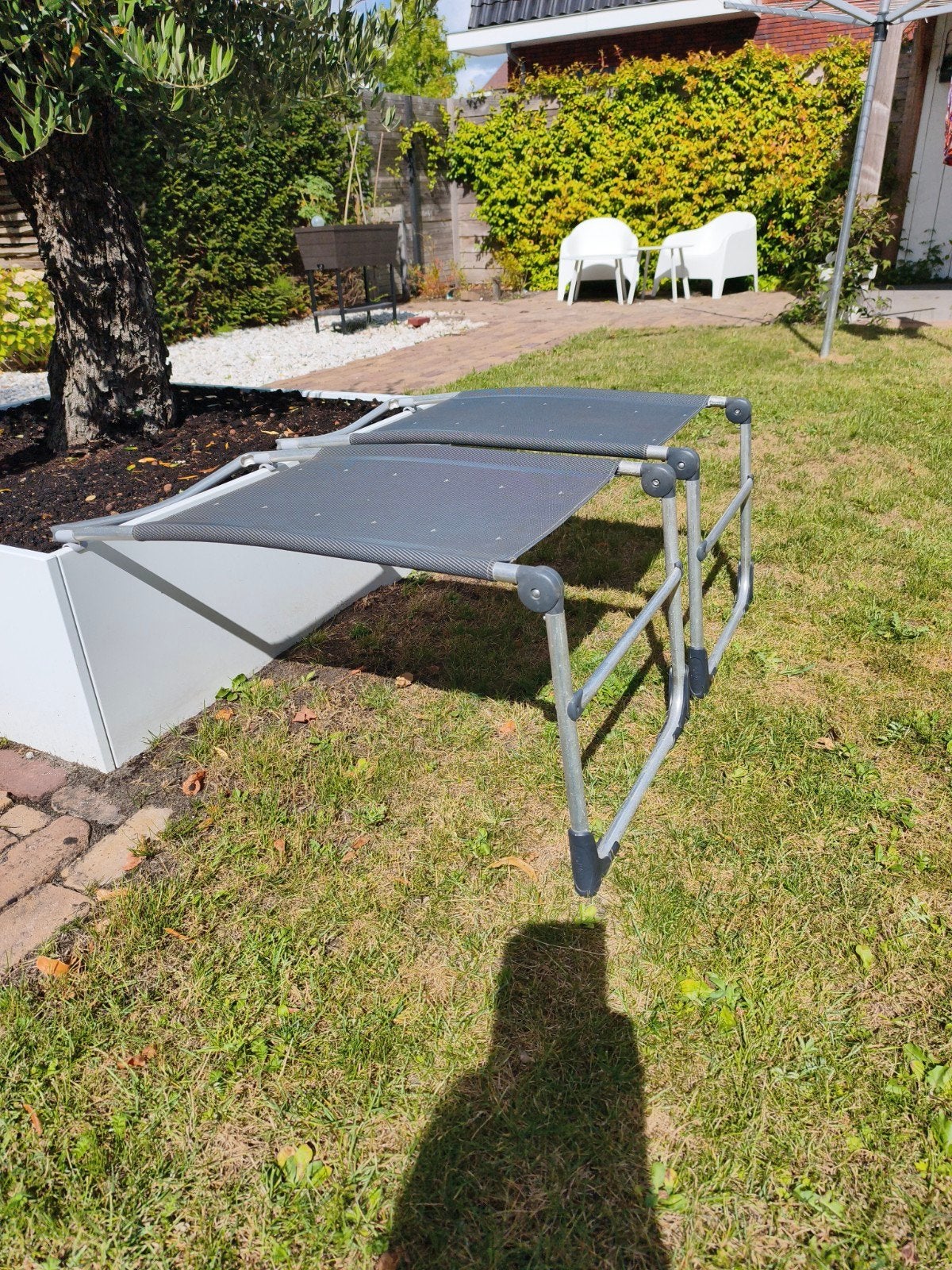 Twee Crespo voetenbankjes - blauw, Tuin en Terras, Tuinstoelen, Ophalen of Verzenden, Gebruikt, Textileen, Inklapbaar