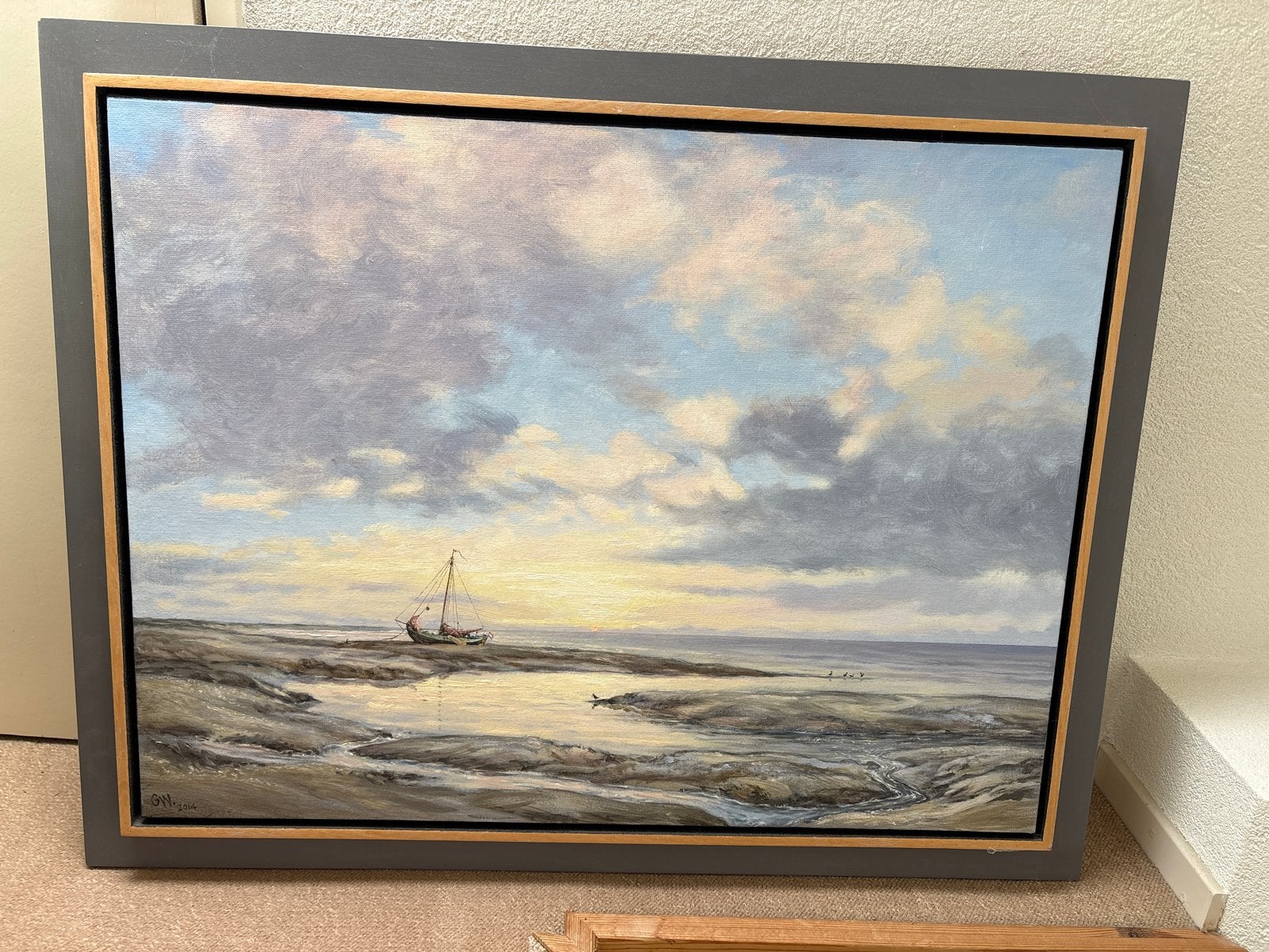 Schilderij: Schip bij zonsondergang op het wad, gesigneerd, Ophalen, Maritiem / water, Doek, Realistisch