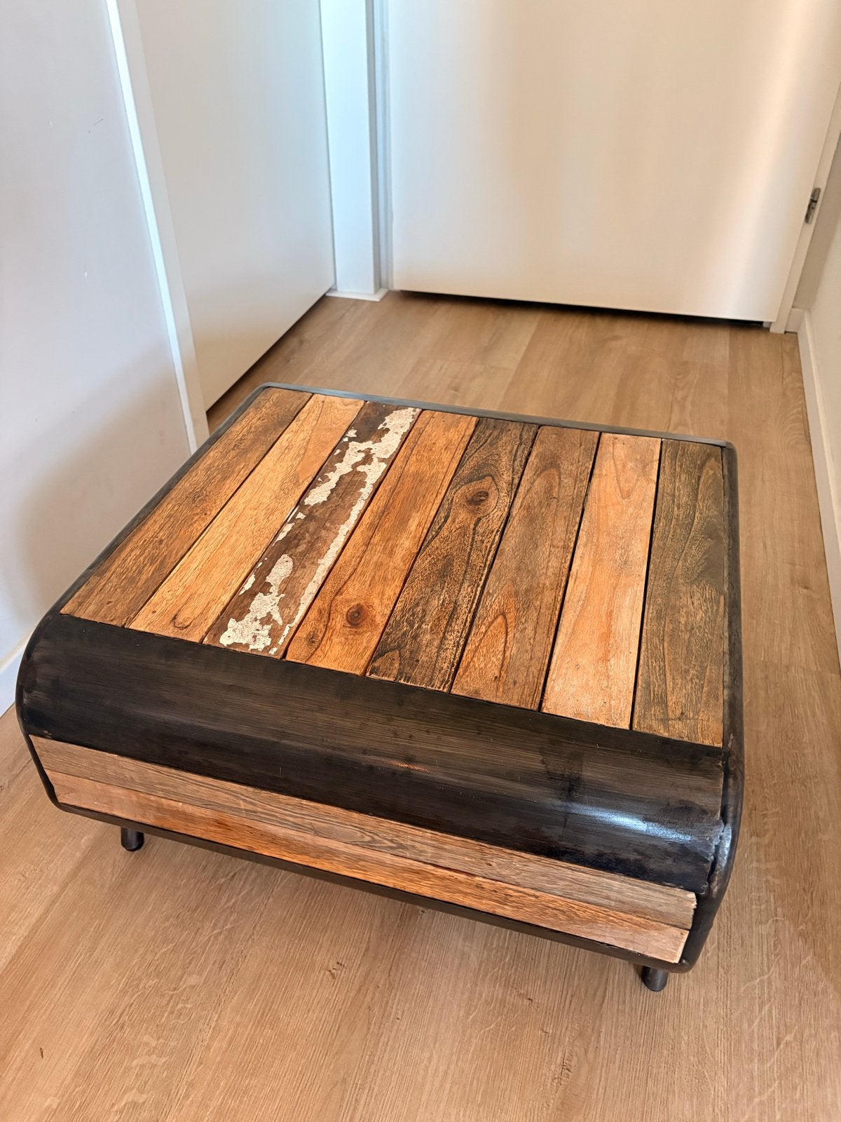 Salontafel sloophout en metaal - Trendhopper, Ophalen, Gebruikt, 100 tot 150 cm, Vierkant