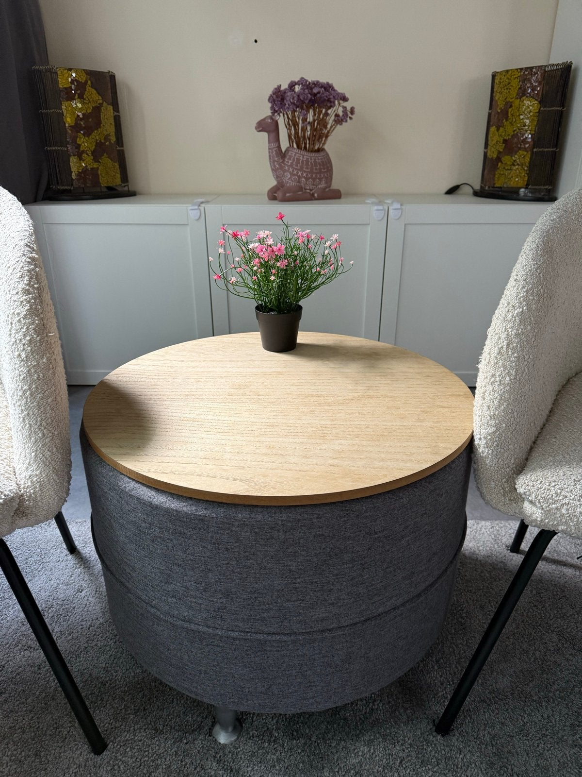 Ronde salontafel or poef 2 in 1, Ophalen, Minder dan 45 cm, Minder dan 55 cm, Rond