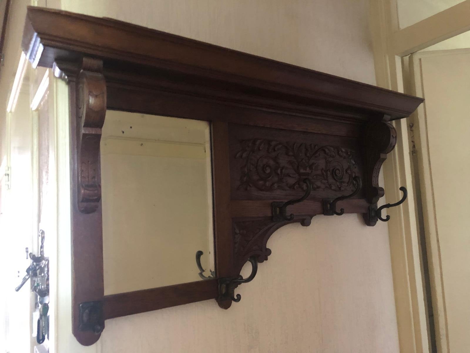Antieke houten wandkapstok met spiegel en haken, Gebruikt, Minder dan 100 cm, Hout, Ophalen