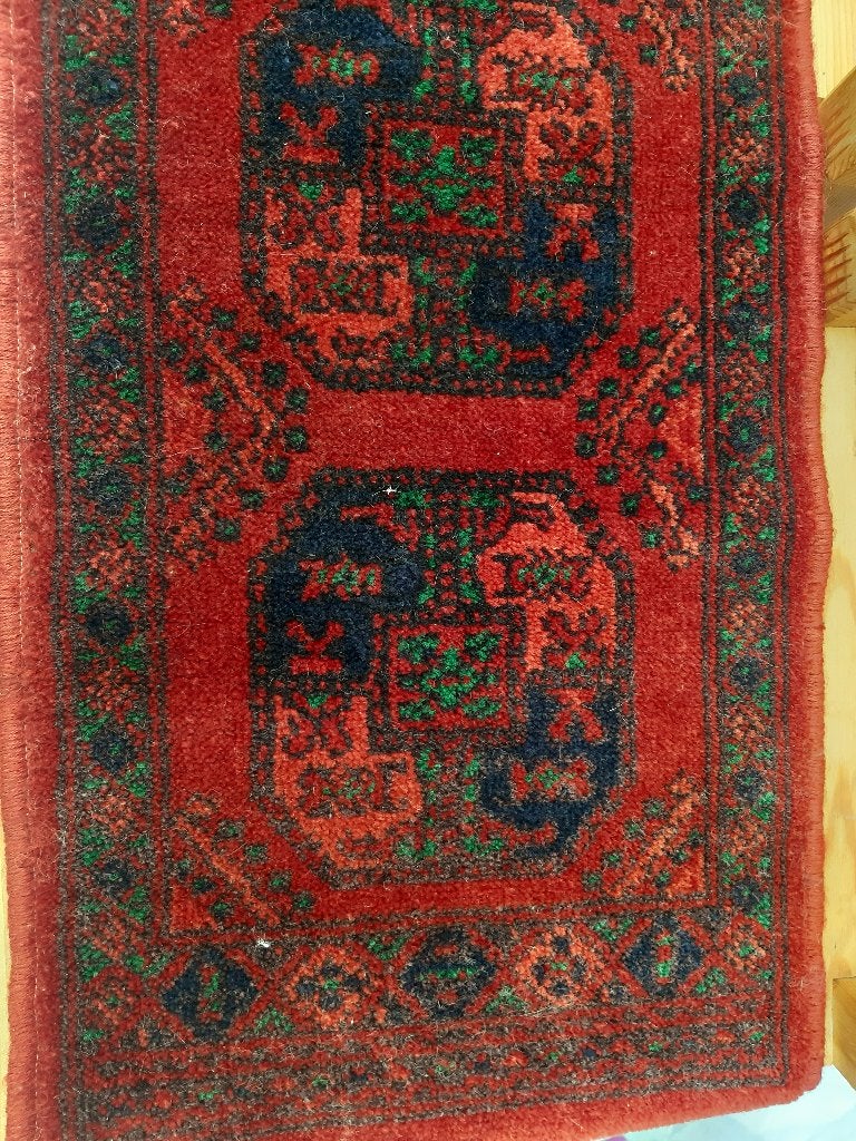 Tapijt, handgeknoopt, zuiver wol, Afgaan, Rood-Groen., Ophalen, Minder dan 50 cm, 50 tot 100 cm, Tapijt, Afgaan, Rood-Groen.