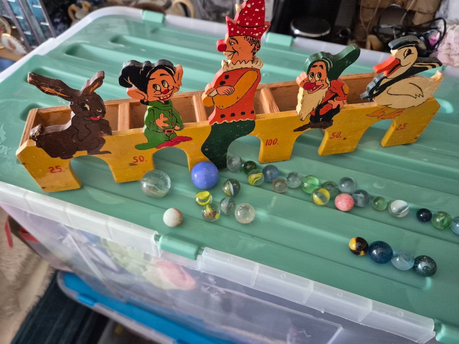 Vintage Knikkerspel met Houten Figuren en Knikkers, Ophalen of Verzenden
