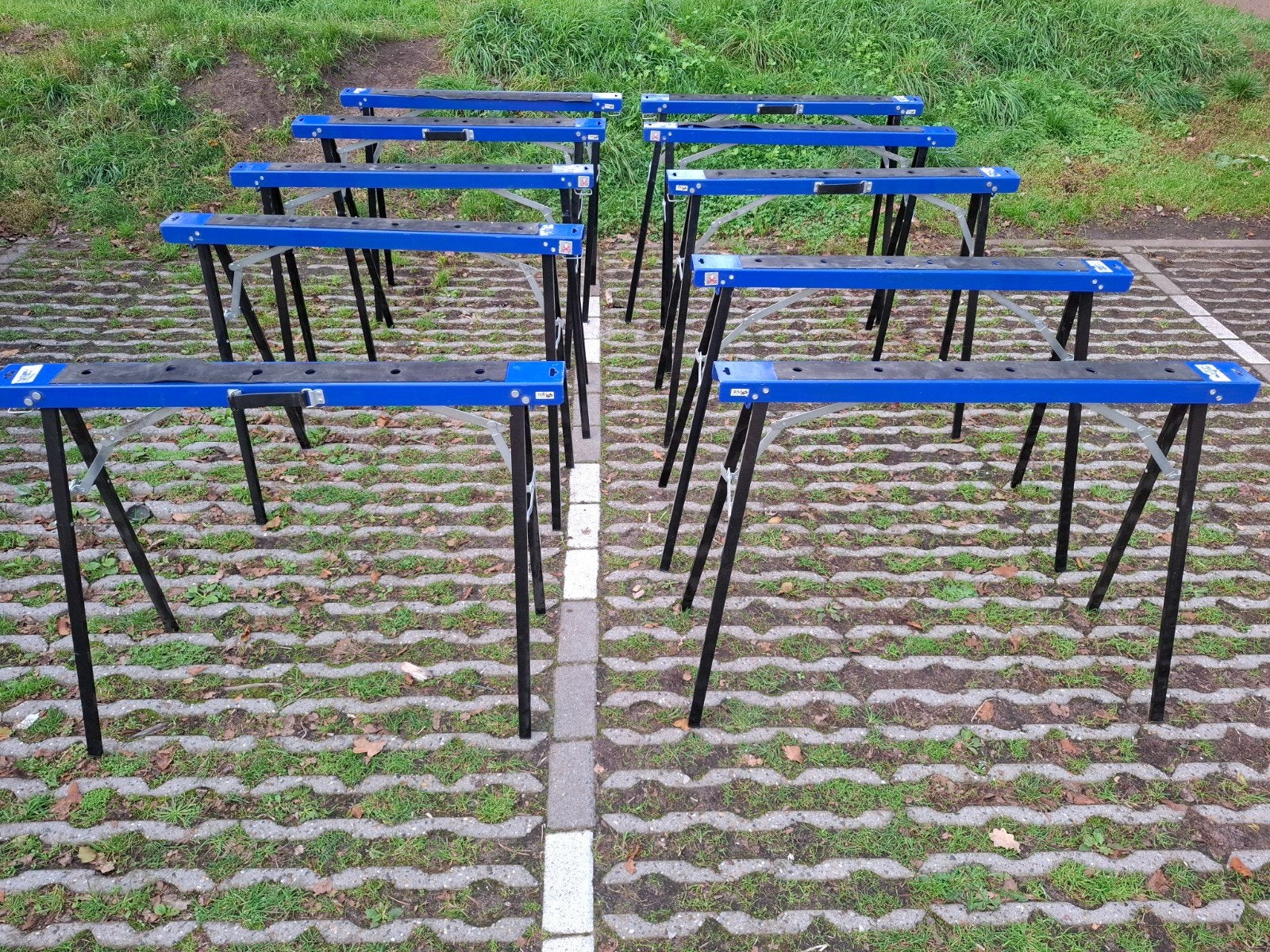 Set van 5  inklapbare schragen, blauw en zwart, Ophalen of Verzenden, Gebruikt, 70 tot 120 cm, Inklapbaar