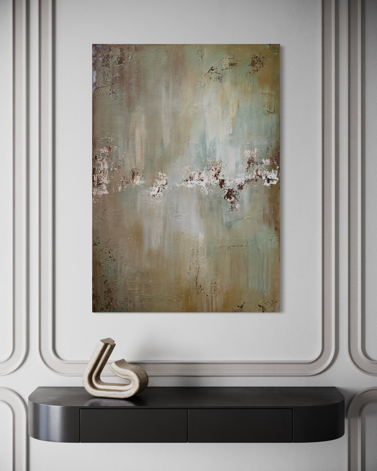 Abstract schilderij 100x70 | Beige, saliegroen & taupe, Ophalen of Verzenden