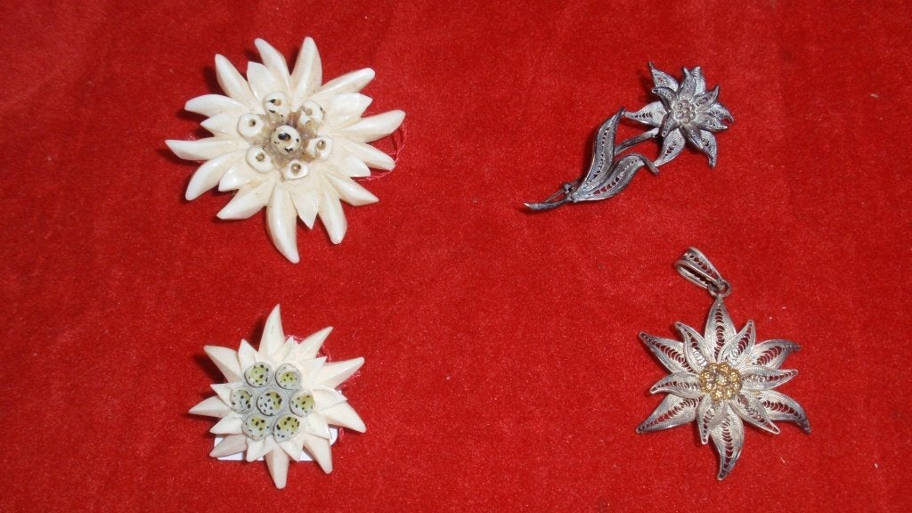 Lot van 4 antieke edelweiss juwelen zilver & been, Sieraden, Tassen en Uiterlijk, Antieke sieraden, Ophalen of Verzenden, Zilver