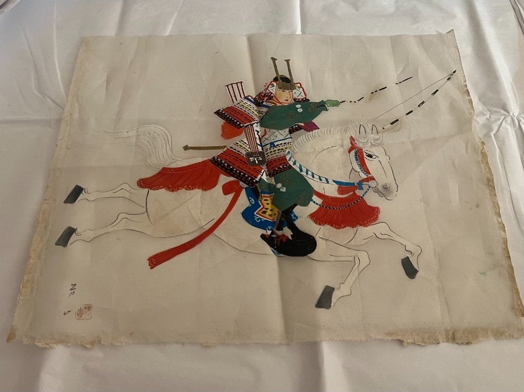 Vintage Zijdeschildering Samurai te Paard, Ophalen, Overige merken, Gebruikt, Blauw