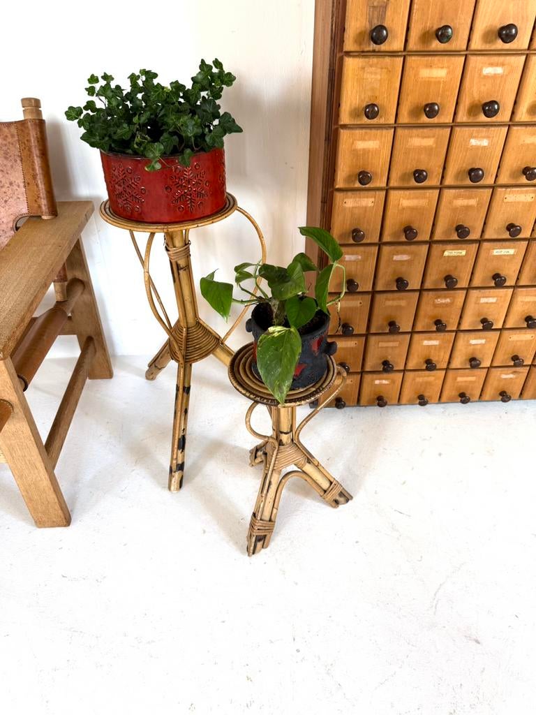 2x vintage rotan plantenstandaard, Rohé Noordwolde ‘60, Tuin en Terras, Overige materialen, Minder dan 60 cm, Rond, Ophalen of Verzenden