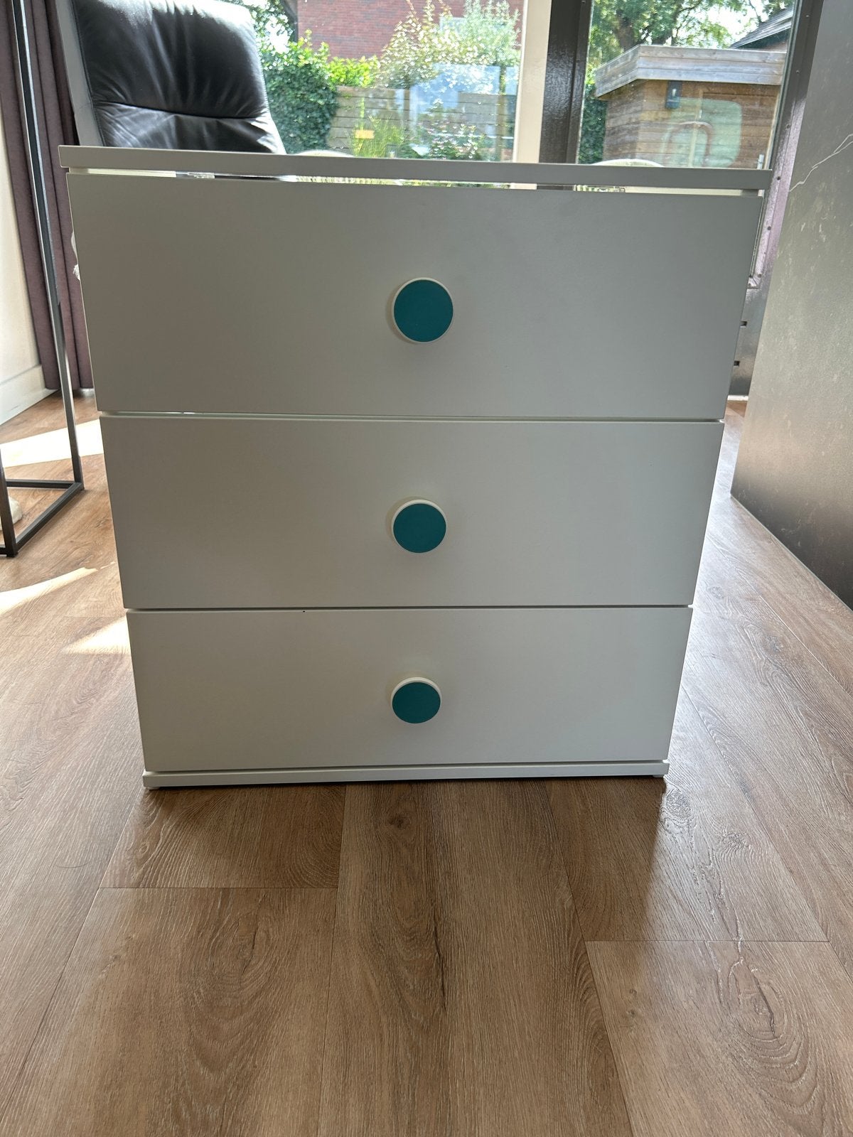Wit Ladenkastje met 3 Laden en Turquoise Knoppen, Huis en Inrichting, Kasten | Ladekasten, Ophalen, Minder dan 50 cm, Gebruikt