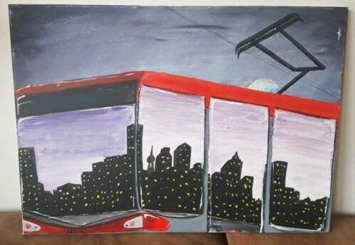 Schilderij weerspiegeling stadsgezicht in ramen van de tram, Ophalen