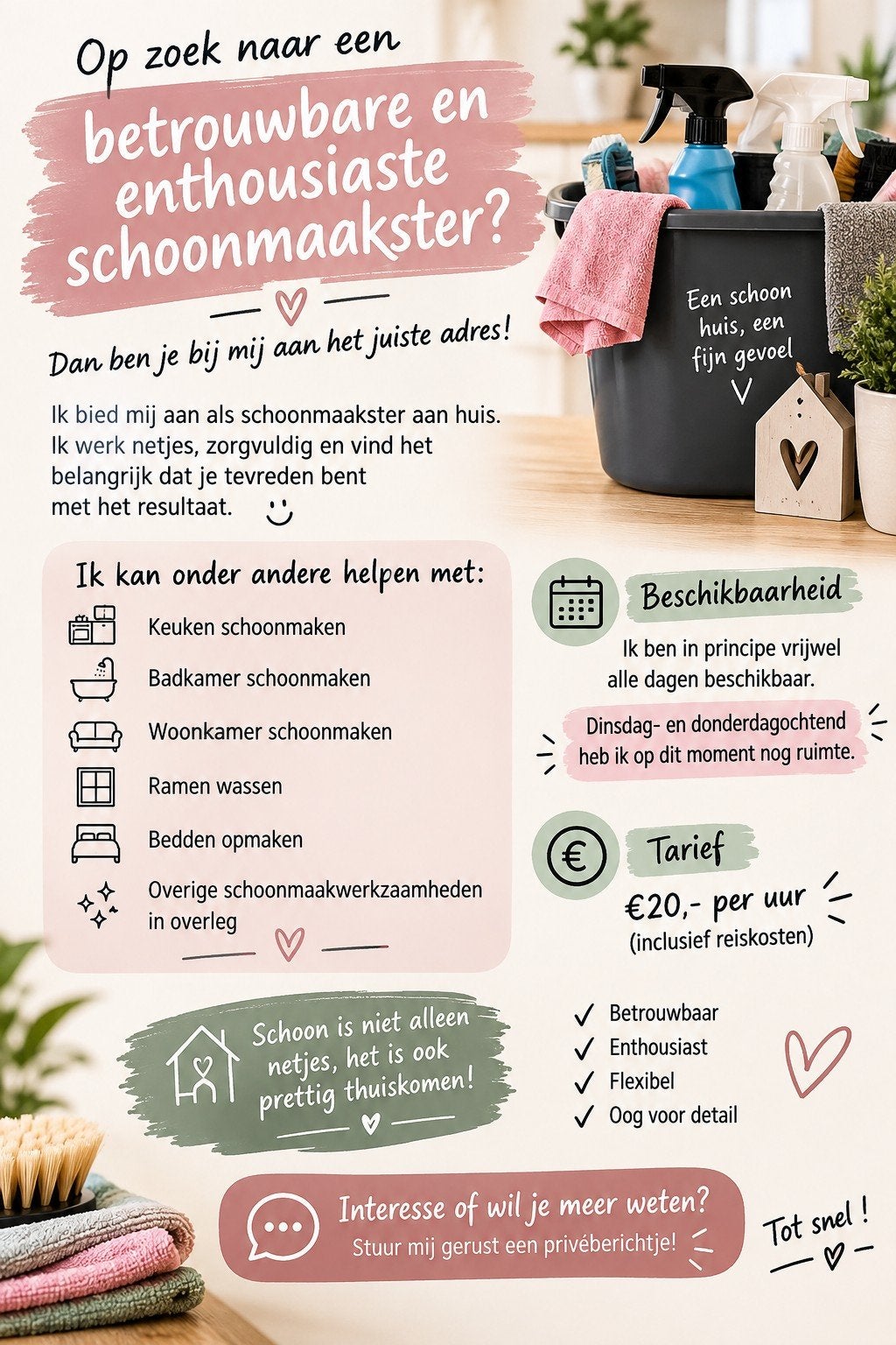 schoonmaakster aangeboden., Overige vormen, Overige uren, MBO, Geschikt als bijbaan