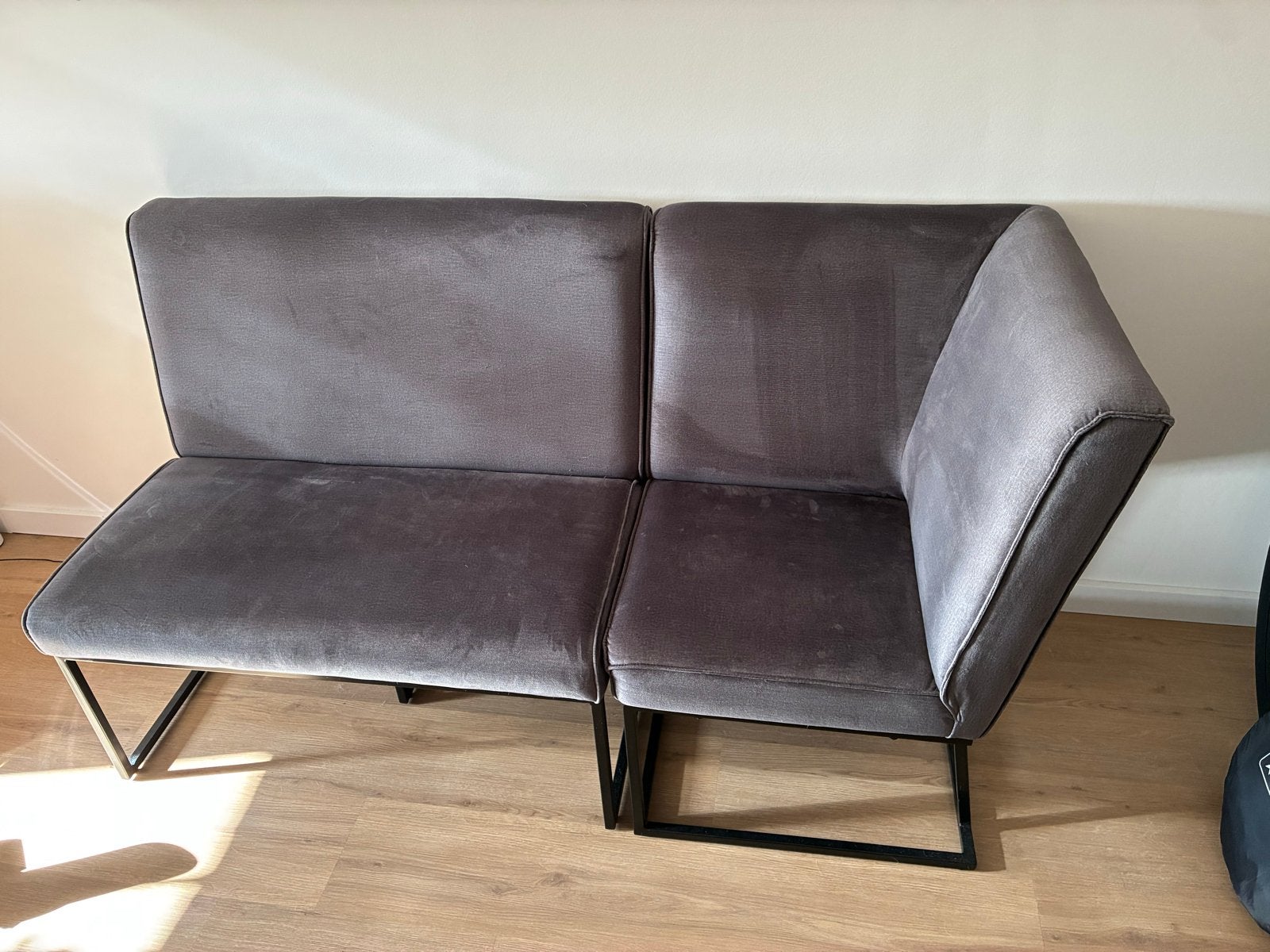 Grijze velours eethoekbank (2 elementen), Huis en Inrichting, Ophalen, Gebruikt, Minder dan 75 cm, 150 tot 200 cm