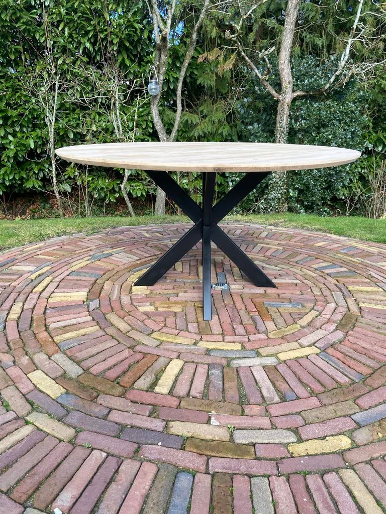 Massief Eiken Ronde Tafel met Industriële Poot - 150cm, Ophalen, Nieuw, Vijf personen of meer, Industrieel