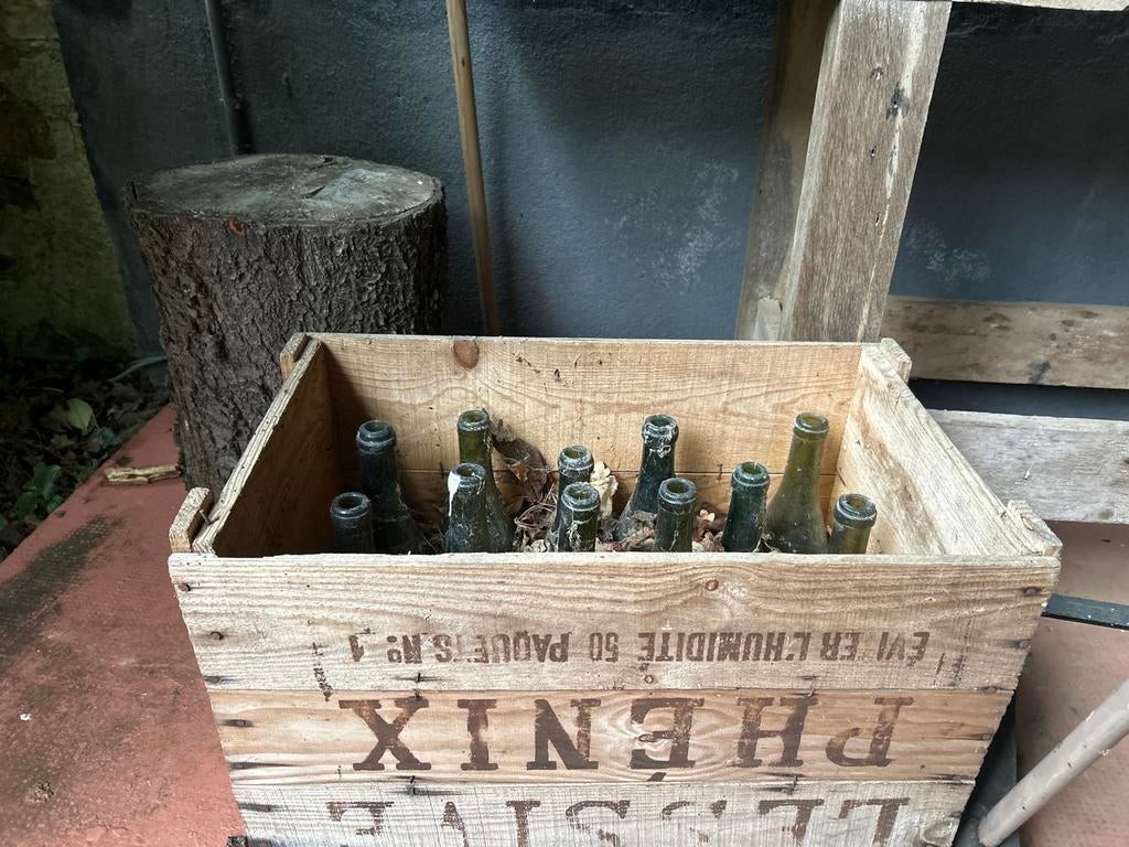 Krat met 16 zware antieke champagne flessen - Brocante, Ophalen
