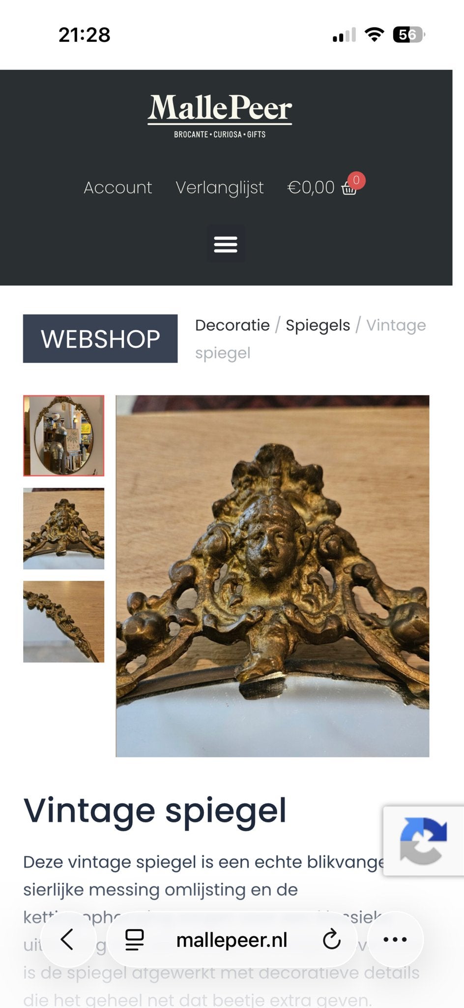2 Vintage Spiegels  met Sierlijke Messing Omlijsting, Ophalen