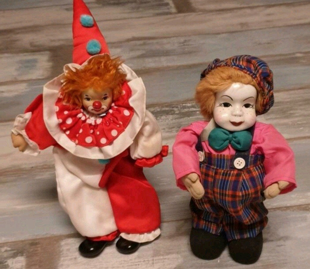 Set van 2 Vintage Porseleinen Clowns Poppen, Ophalen of Verzenden, Gebruikt, Pop
