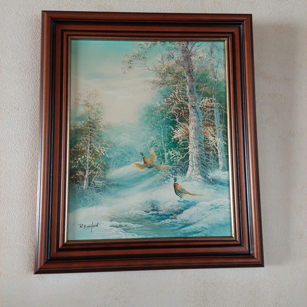 Schilderij met fazanten in besneeuwd bos, Antiek en Kunst, Kunst | Schilderijen | Klassiek, Ophalen of Verzenden