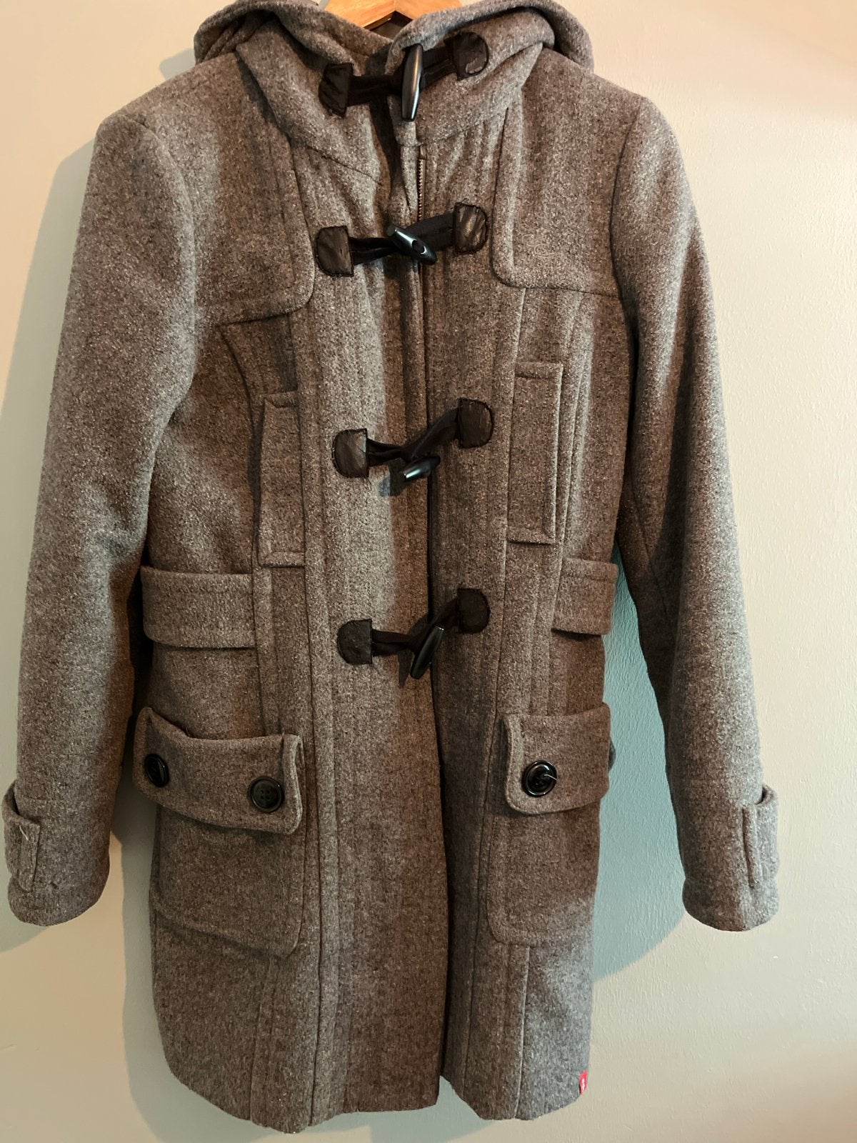 Grijze wollen duffelcoat van EDC by Esprit, maat S, Ophalen, Zo goed als nieuw, Maat 36 (S), Grijs