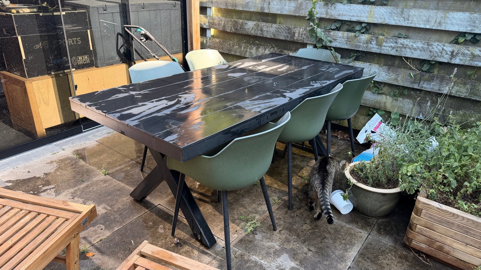 Antraciete tafel met groene stoelen - snel weg aub., Ophalen, Gebruikt, Rechthoekig, Overige materialen