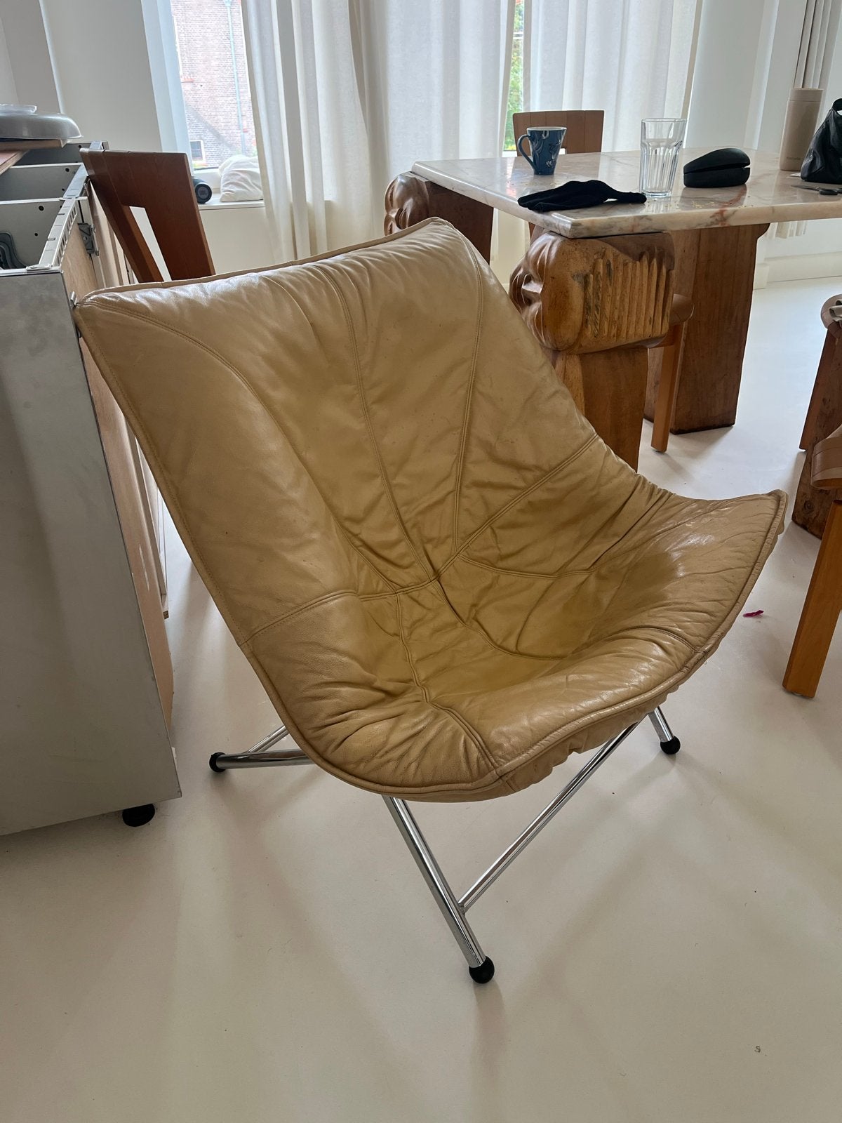 Design Fauteuil Teun van Zanten - Geel Leer, Huis en Inrichting, Fauteuils, Ophalen of Verzenden, Gebruikt, Leer, 75 tot 100 cm