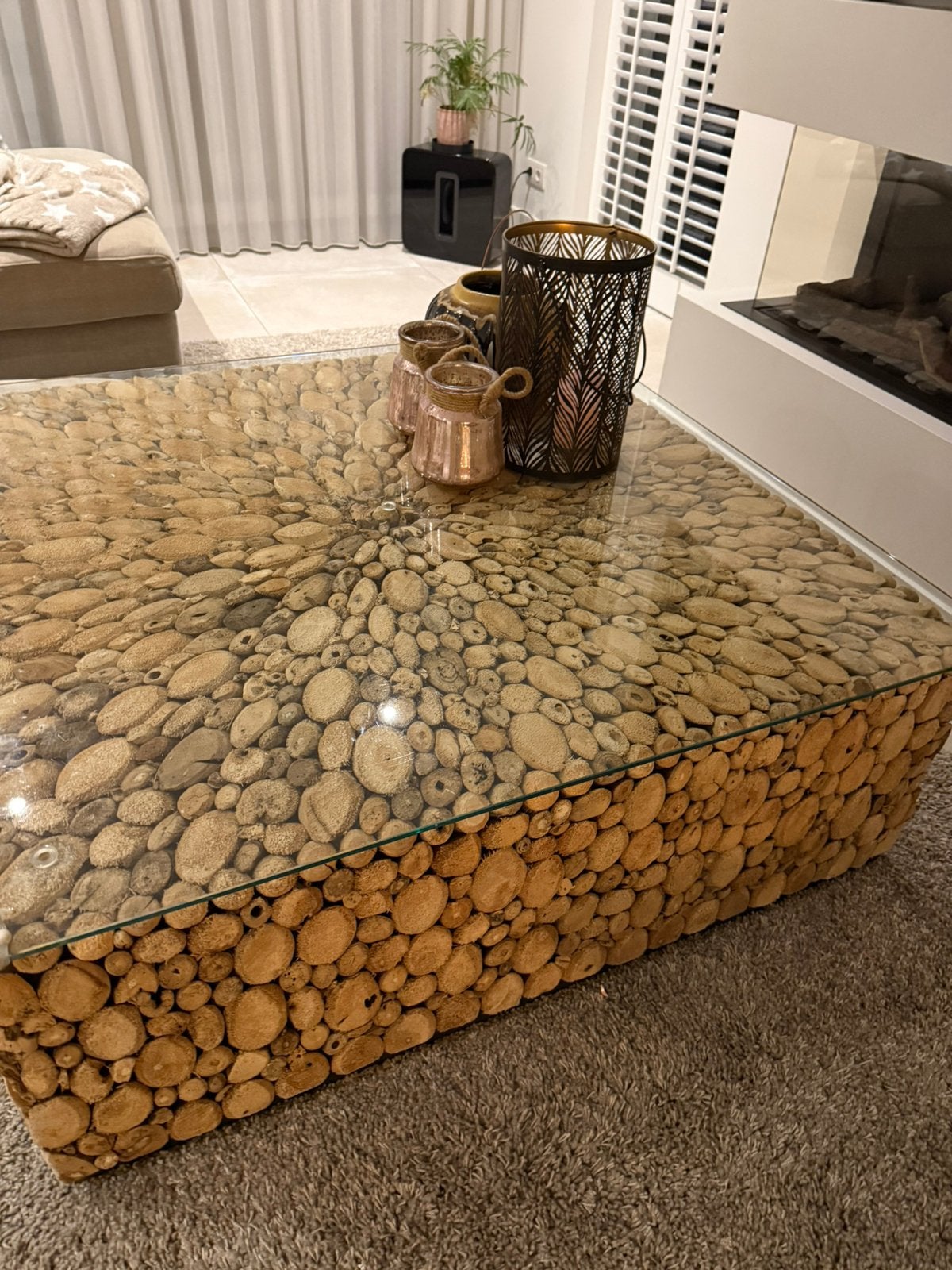 Salontafel 110x110 cm woody incl. glasplaat hoogte 42 cm, Ophalen, Zo goed als nieuw, Rechthoekig, 100 tot 150 cm