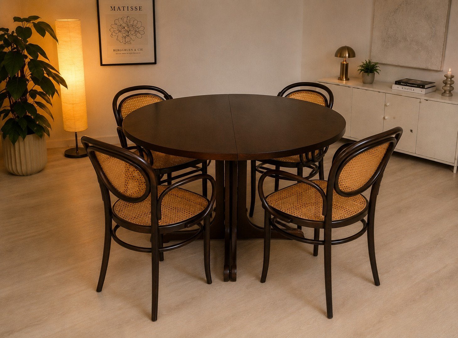 Thonet eetkamerset – ronde uitschuiftafel + 4 webbing stoele, Ophalen, Gebruikt, 4 tot 6 stoelen