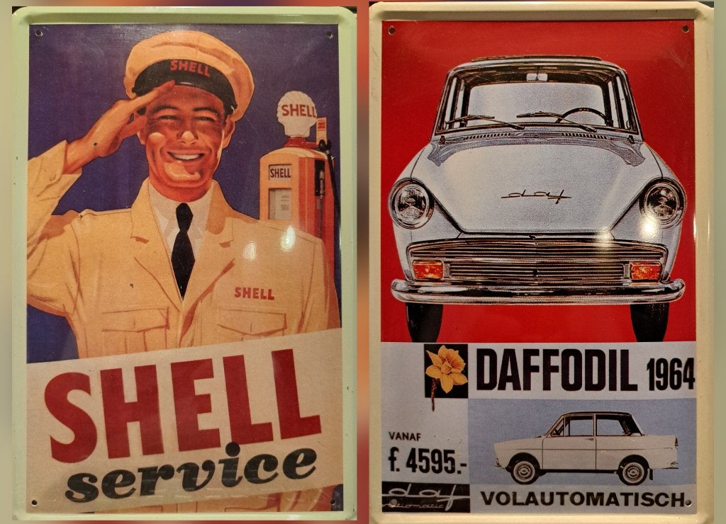 Reclame borden DAF & SHELL metaal vintage afbeelding, Verzenden, Gebruikt, Reclamebord